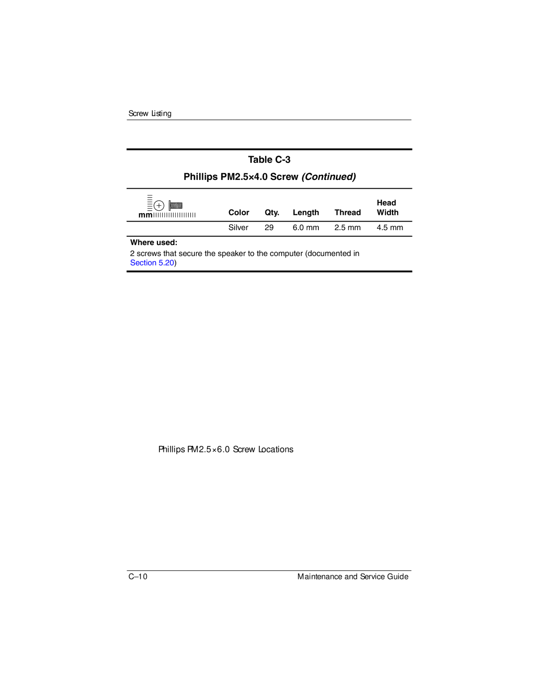 HP dv8000 H3Z14AA manual Table C-3 Phillips PM2.5×4.0 Screw 