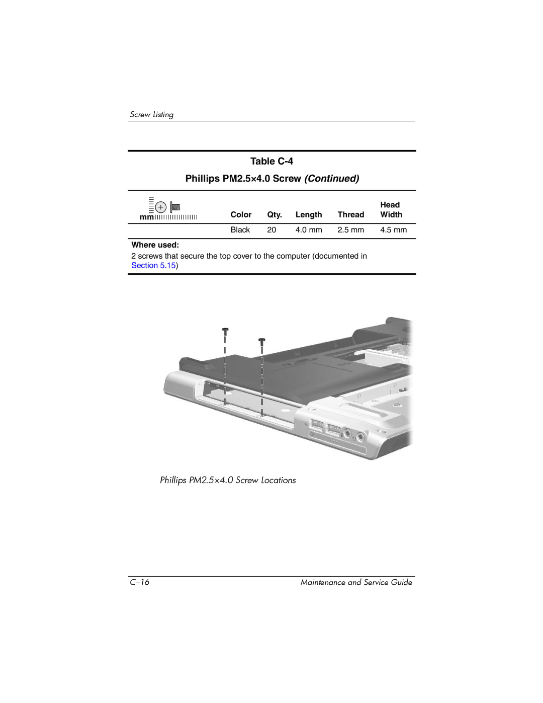 HP dv8000 H3Z14AA manual Table C-4 Phillips PM2.5×4.0 Screw 