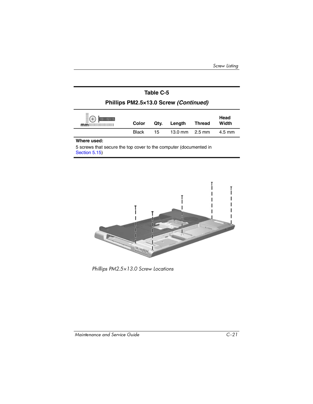 HP dv8000 H3Z14AA manual Table C-5 Phillips PM2.5×13.0 Screw 