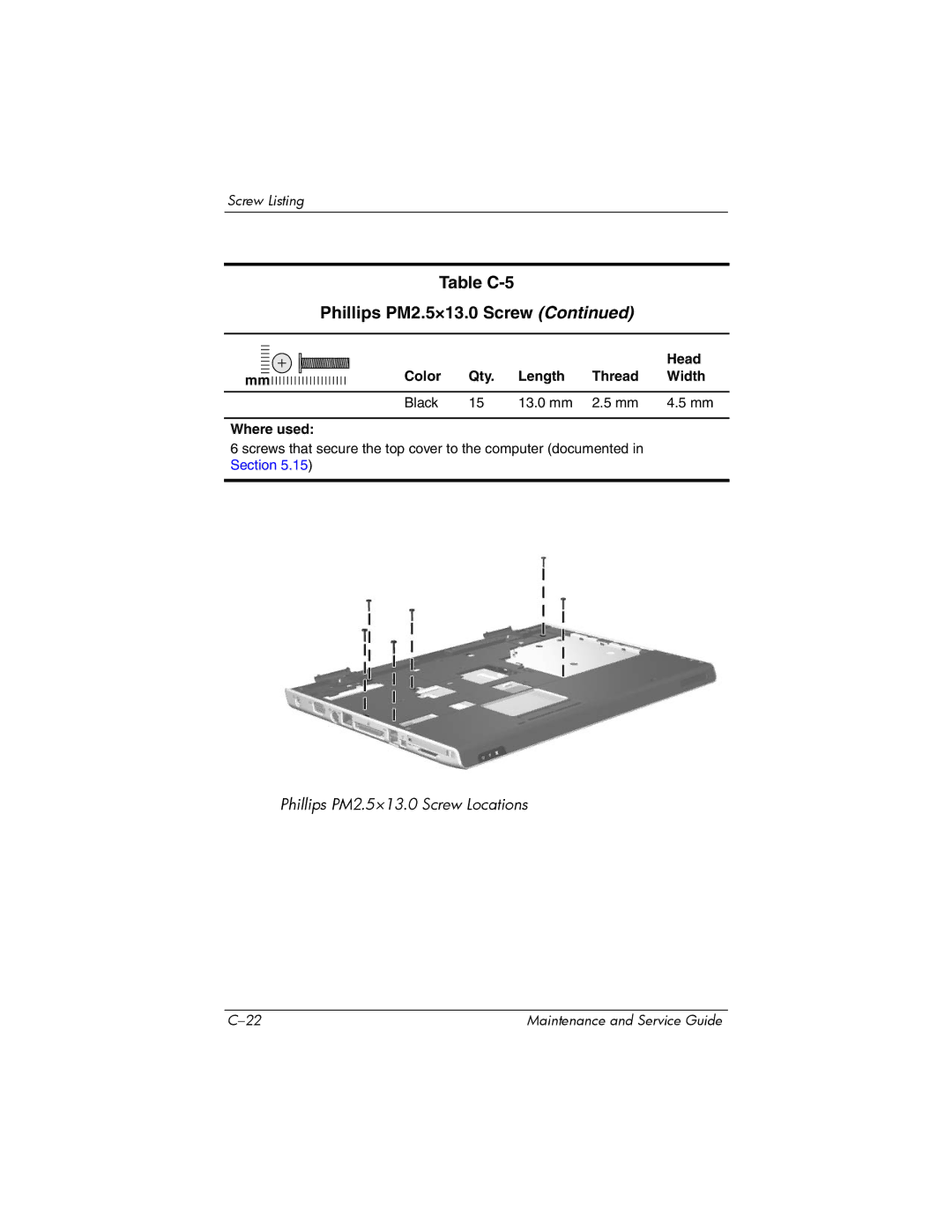 HP dv8000 H3Z14AA manual Table C-5 Phillips PM2.5×13.0 Screw 