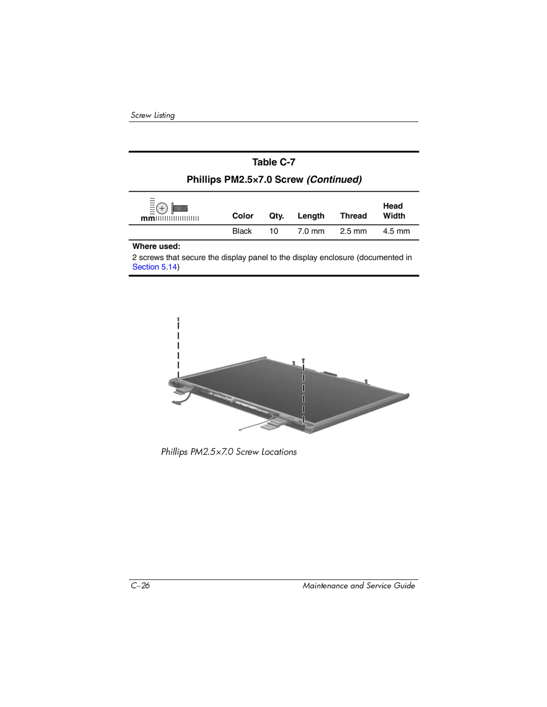 HP dv8000 H3Z14AA manual Table C-7 Phillips PM2.5×7.0 Screw 