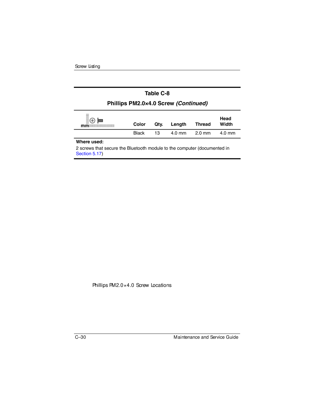 HP dv8000 H3Z14AA manual Table C-8 Phillips PM2.0×4.0 Screw 