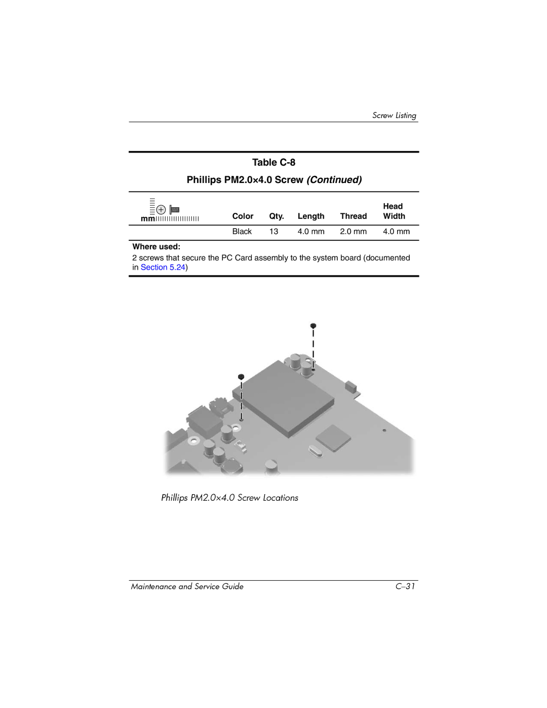 HP dv8000 H3Z14AA manual Table C-8 Phillips PM2.0×4.0 Screw 