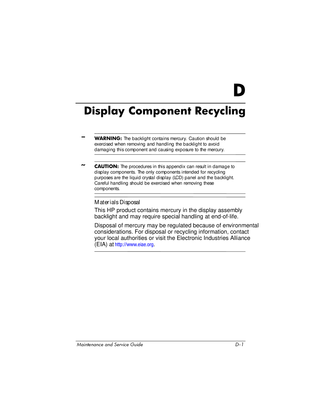 HP dv8000 H3Z14AA manual Display Component Recycling 