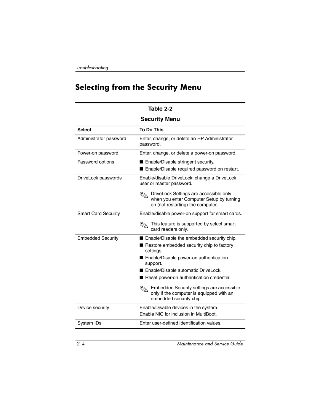 HP dv8000 H3Z14AA manual Selecting from the Security Menu 