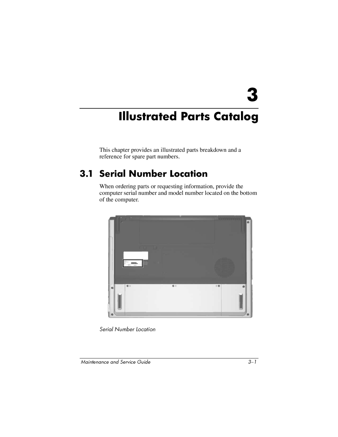 HP dv8000 H3Z14AA manual Illustrated Parts Catalog, Serial Number Location 