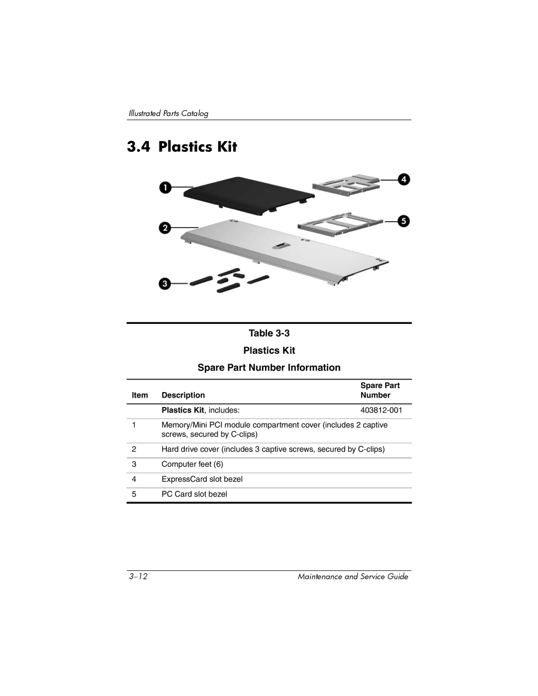 HP dv8000 H3Z14AA Plastics Kit Spare Part Number Information, Description Number Plastics Kit, includes 403812-001 