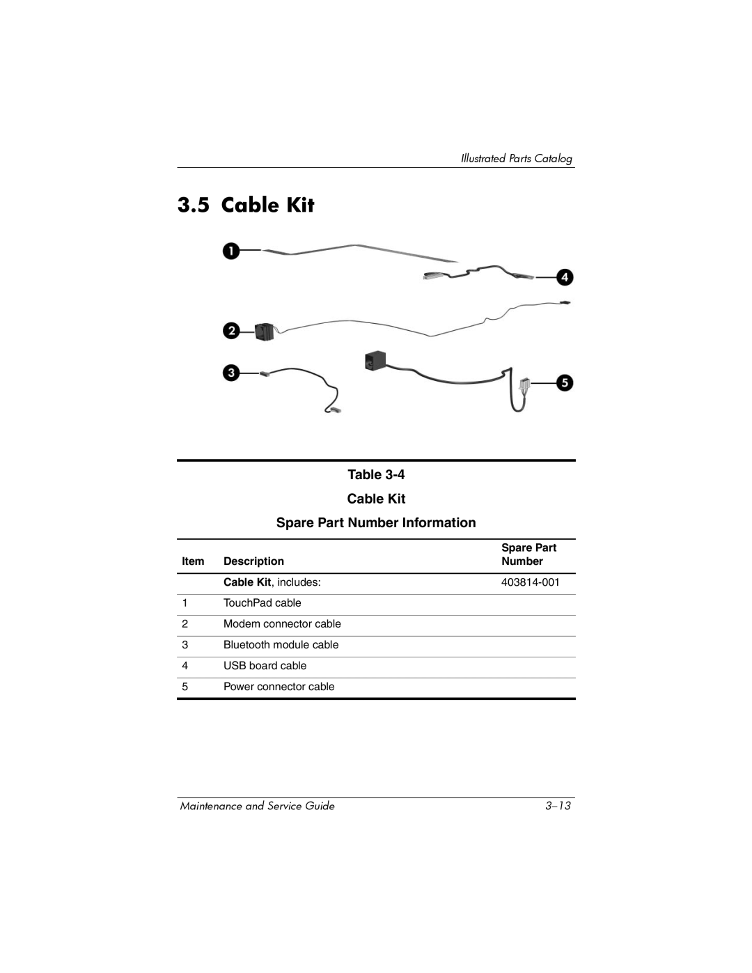 HP dv8000 H3Z14AA manual Cable Kit Spare Part Number Information 