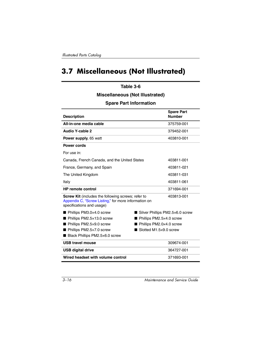 HP dv8000 H3Z14AA manual Miscellaneous Not Illustrated Spare Part Information 