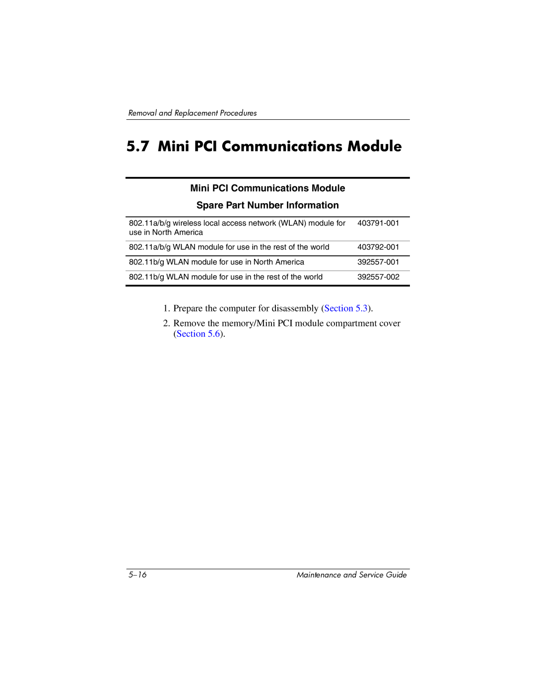 HP DV8000 manual Mini PCI Communications Module Spare Part Number Information 