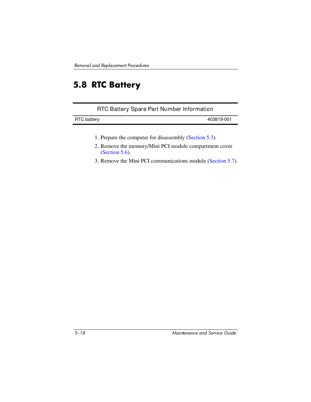 HP DV8000 manual RTC Battery Spare Part Number Information 