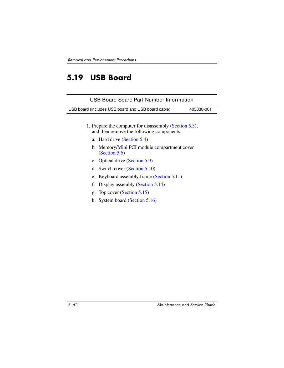 HP DV8000 manual USB Board Spare Part Number Information 