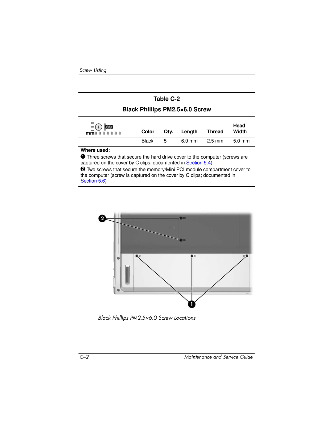 HP DV8000 manual Table C-2 Black Phillips PM2.5×6.0 Screw 