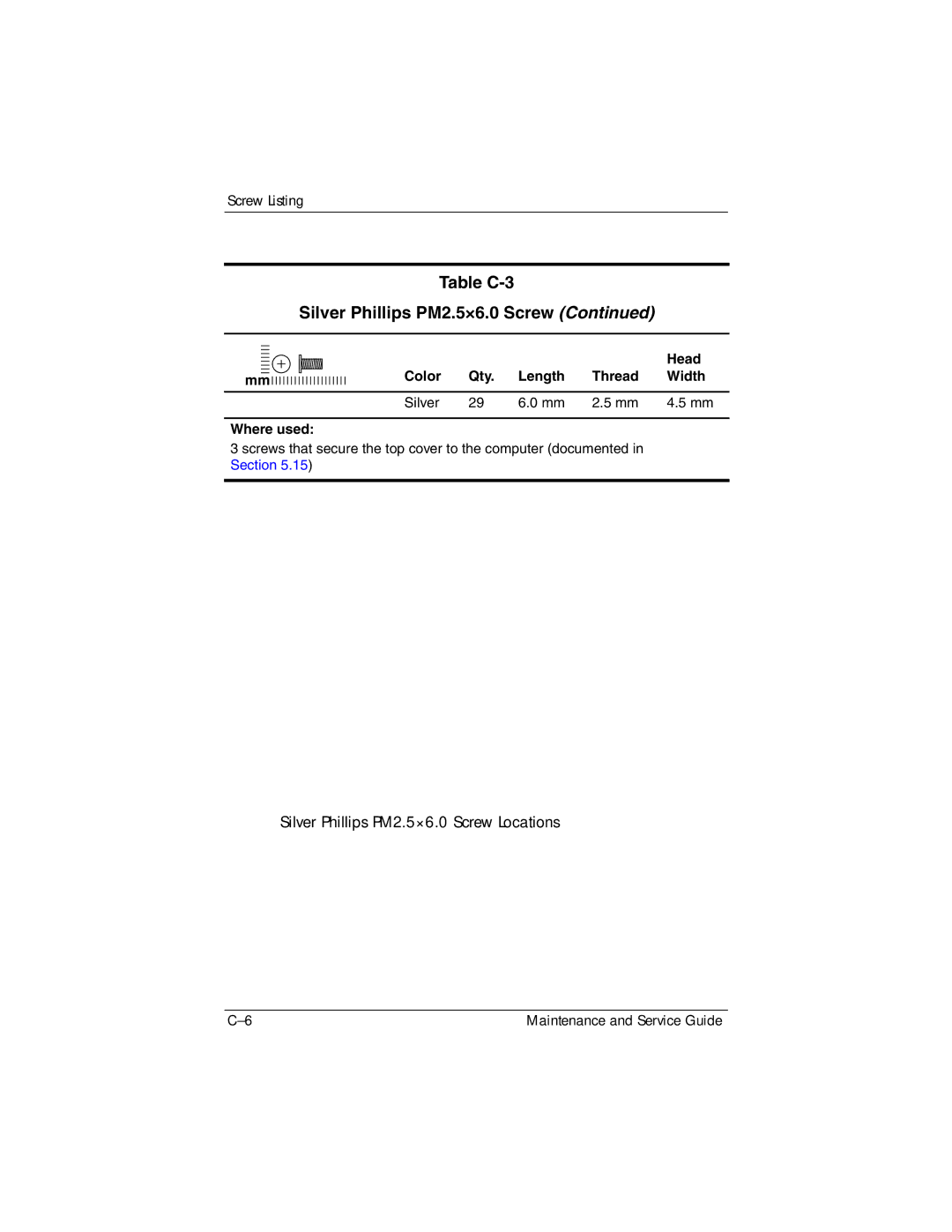 HP DV8000 manual Silver Phillips PM2.5×6.0 Screw Locations 