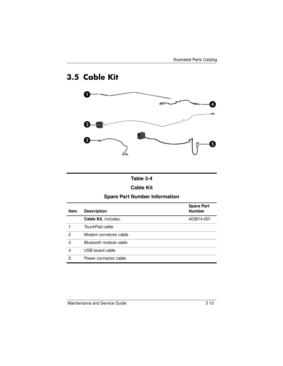 HP DV8000 manual Cable Kit Spare Part Number Information 