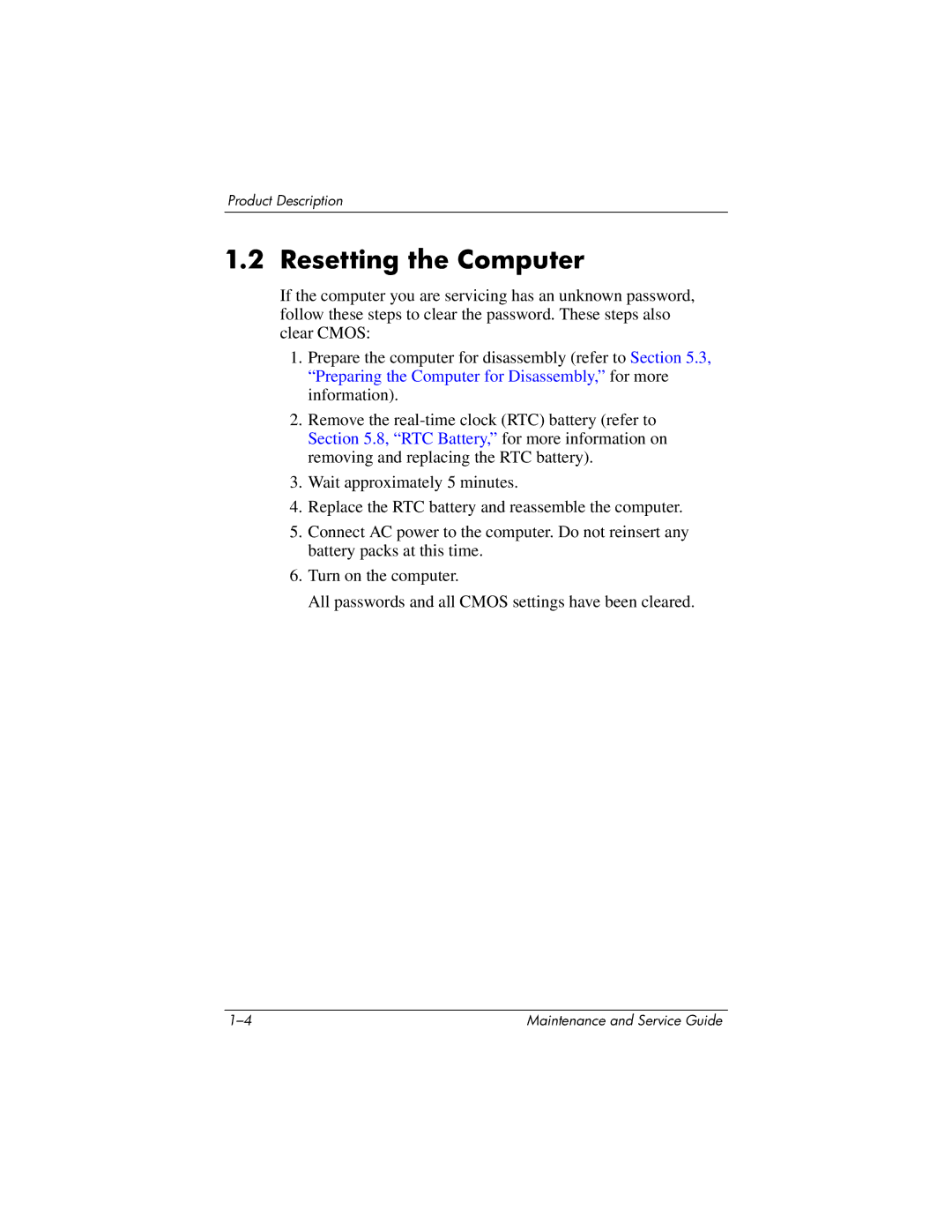 HP DV8300 manual Resetting the Computer 