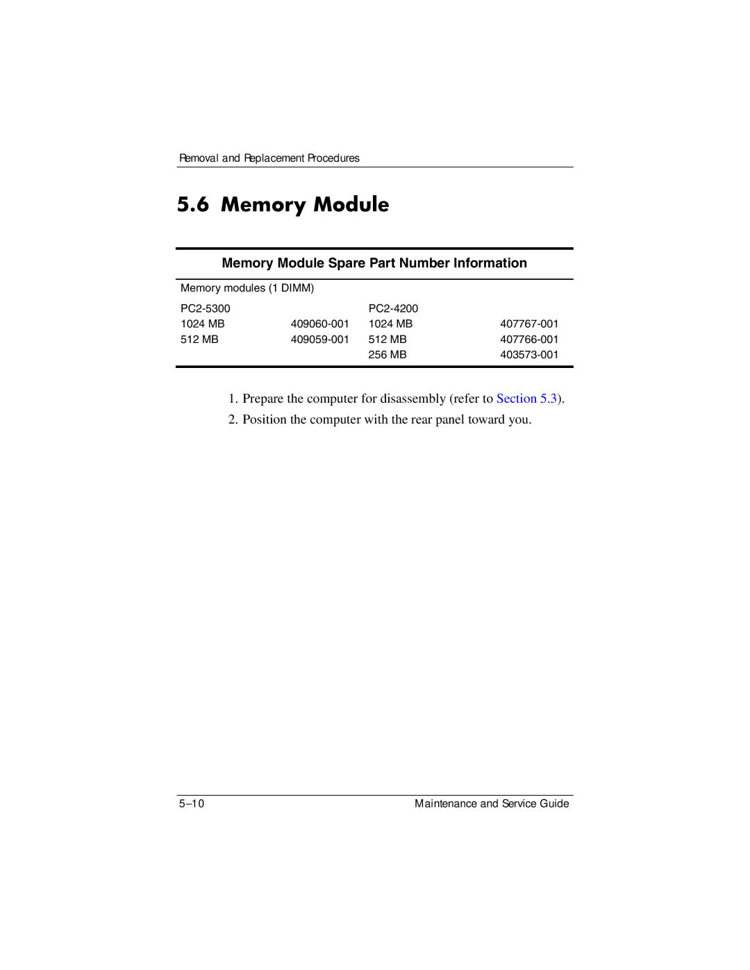 HP DV8300 manual Memory Module Spare Part Number Information 