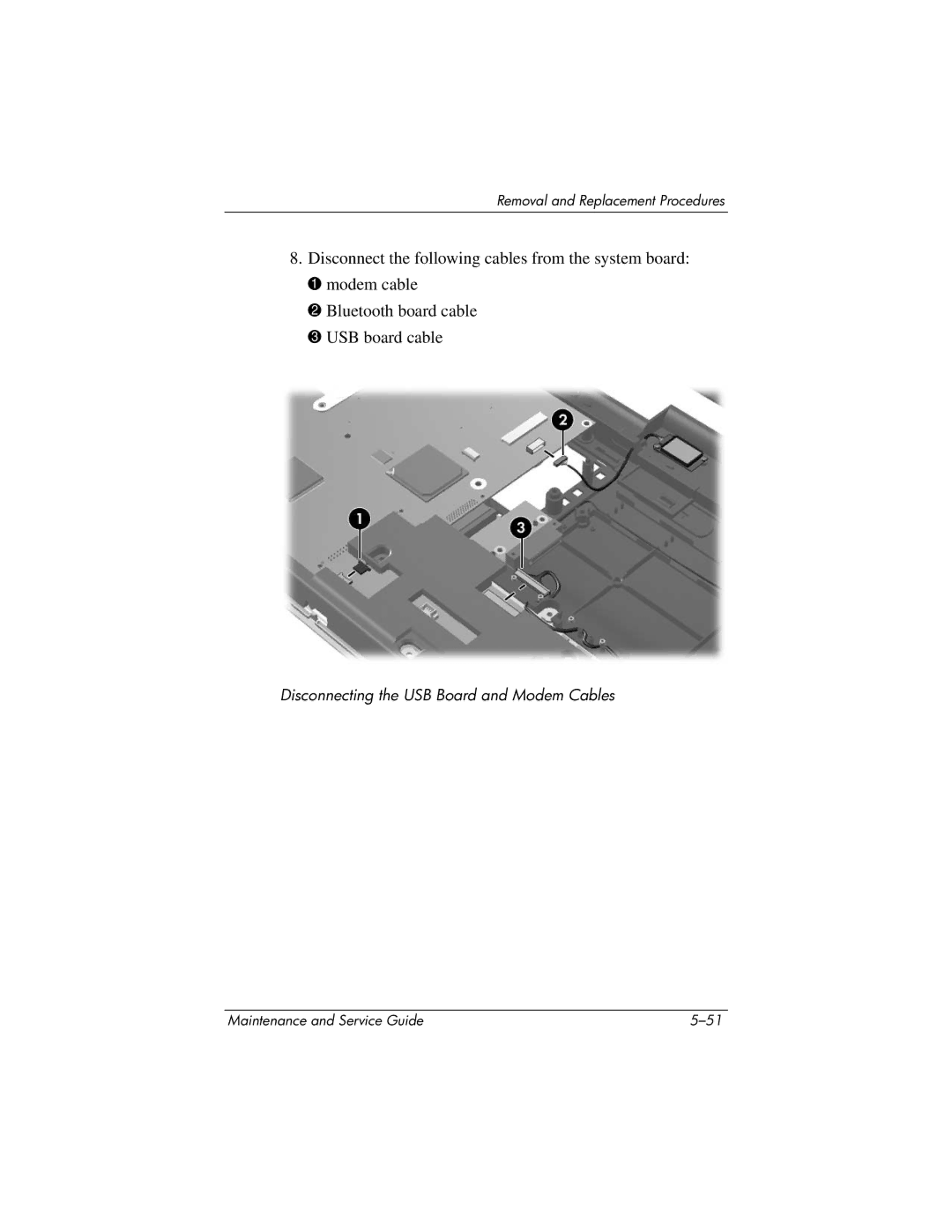 HP DV8300 manual Disconnecting the USB Board and Modem Cables 