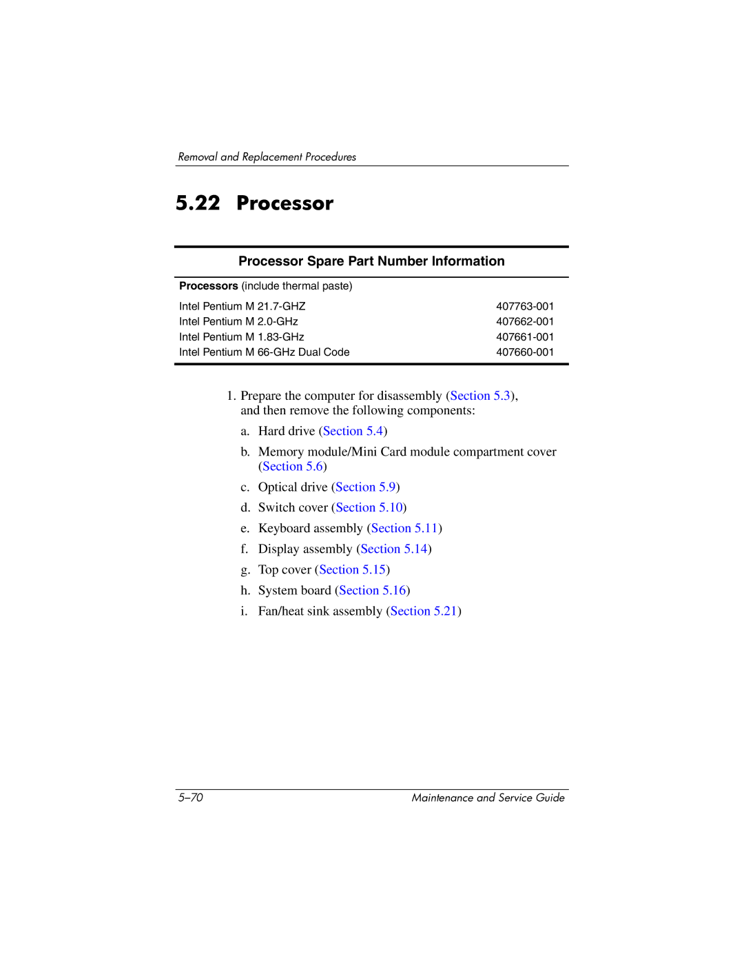 HP DV8300 manual Processor Spare Part Number Information 