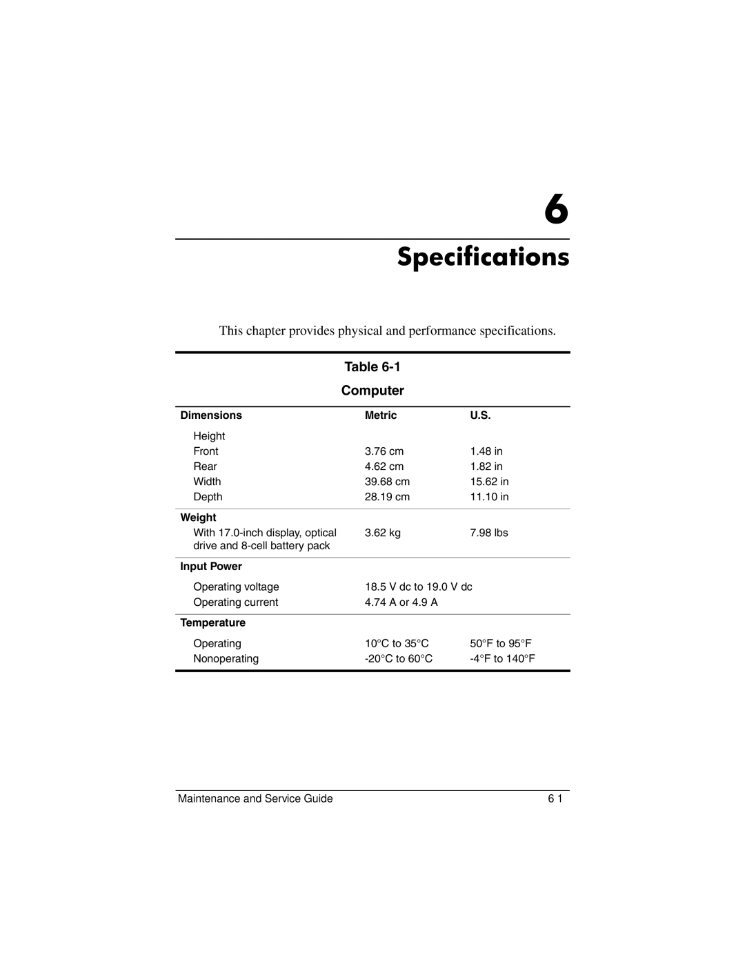 HP DV8300 manual Computer, Dimensions Metric, Weight, Input Power, Temperature 