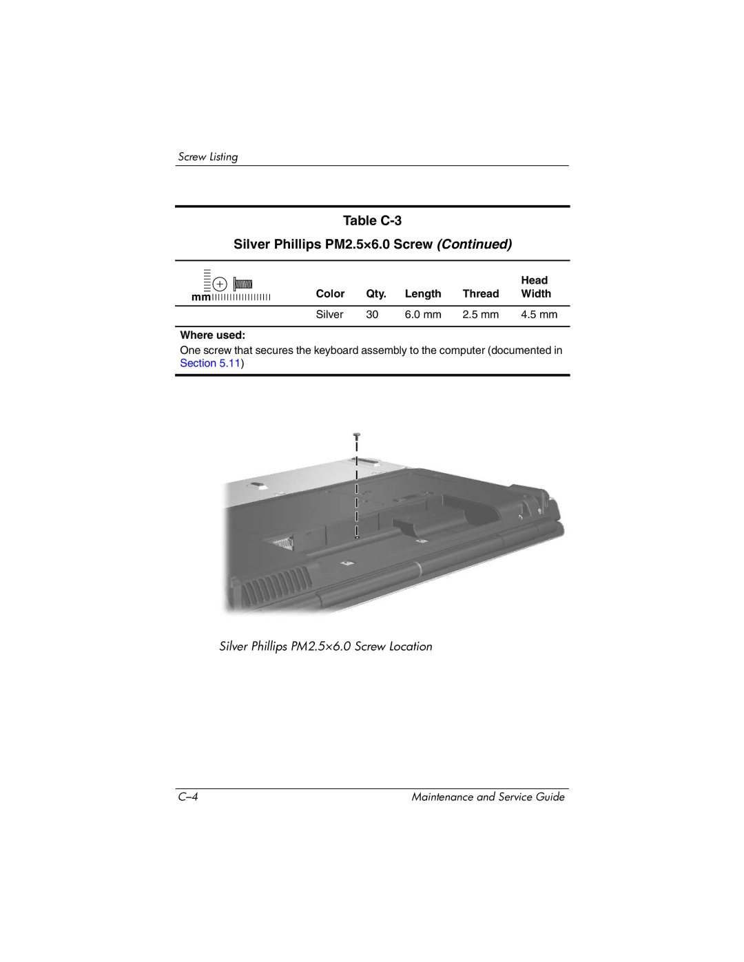 HP DV8300 manual Silver Phillips PM2.5×6.0 Screw Location 