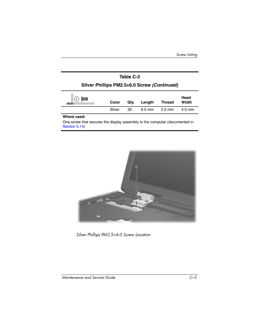 HP DV8300 manual Table C-3 Silver Phillips PM2.5×6.0 Screw 