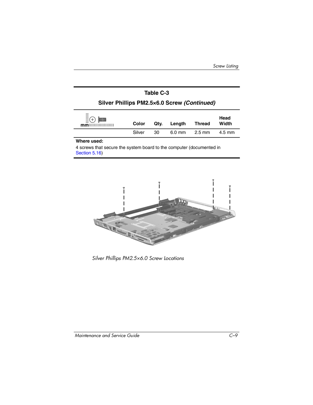 HP DV8300 manual Table C-3 Silver Phillips PM2.5×6.0 Screw 