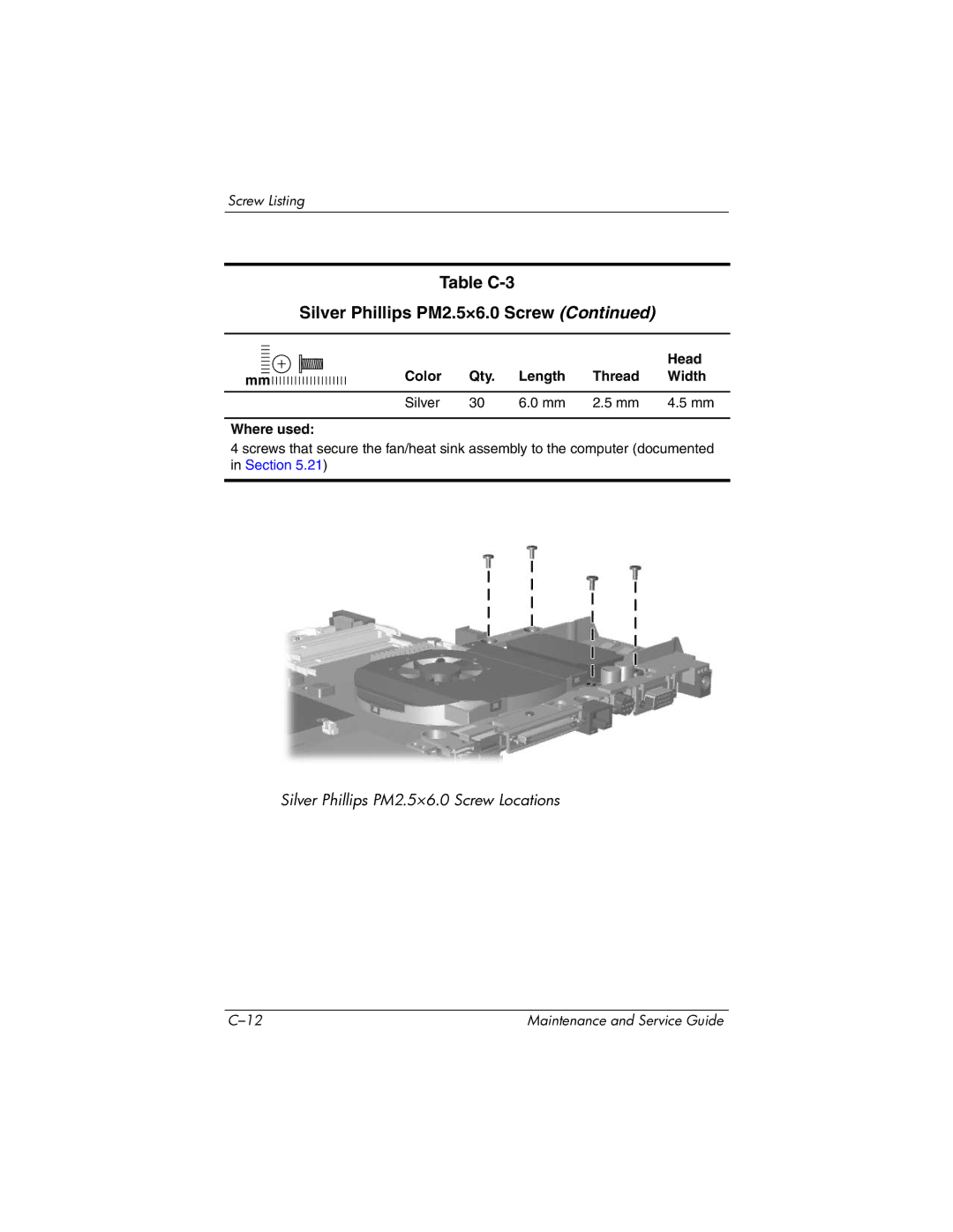 HP DV8300 manual Silver Phillips PM2.5×6.0 Screw Locations 