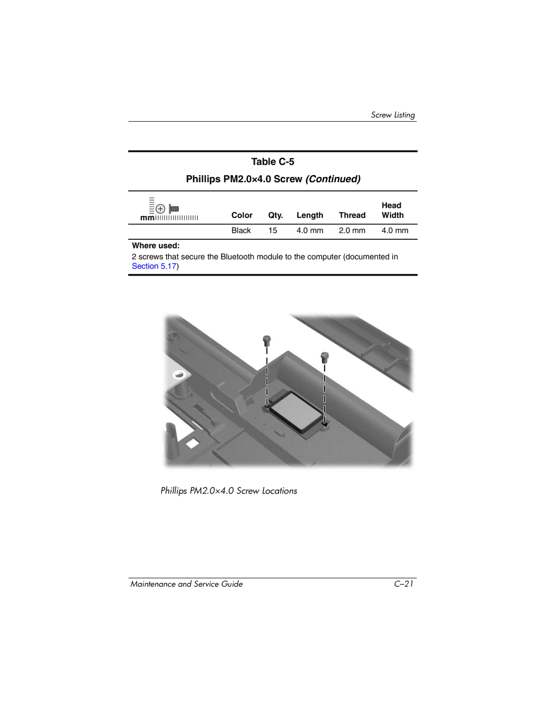 HP DV8300 manual Table C-5 Phillips PM2.0×4.0 Screw 