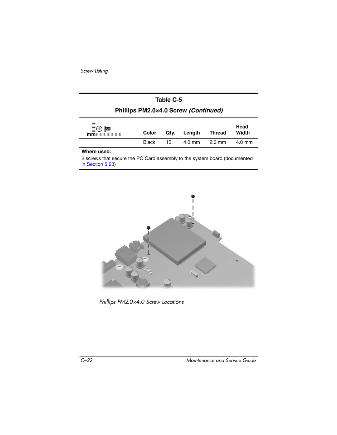 HP DV8300 manual Table C-5 Phillips PM2.0×4.0 Screw 