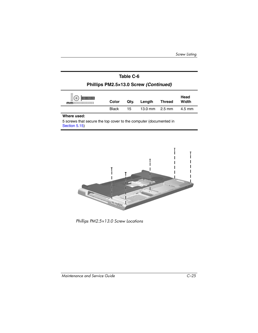 HP DV8300 manual Table C-6 Phillips PM2.5×13.0 Screw 