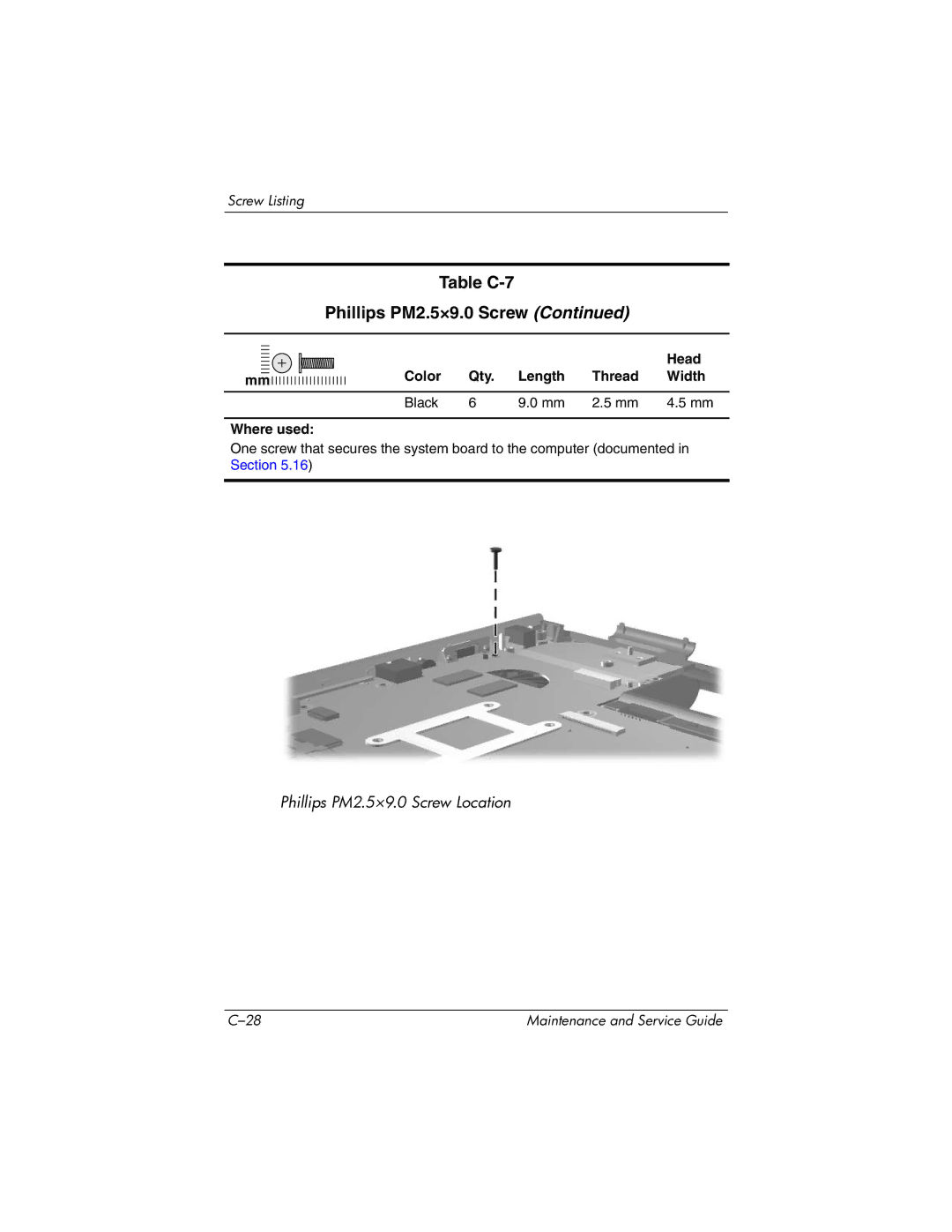 HP DV8300 manual Phillips PM2.5×9.0 Screw Location 