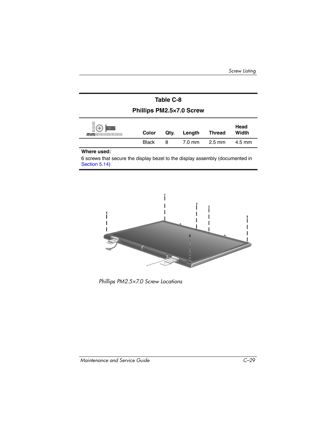 HP DV8300 manual Table C-8 Phillips PM2.5×7.0 Screw 