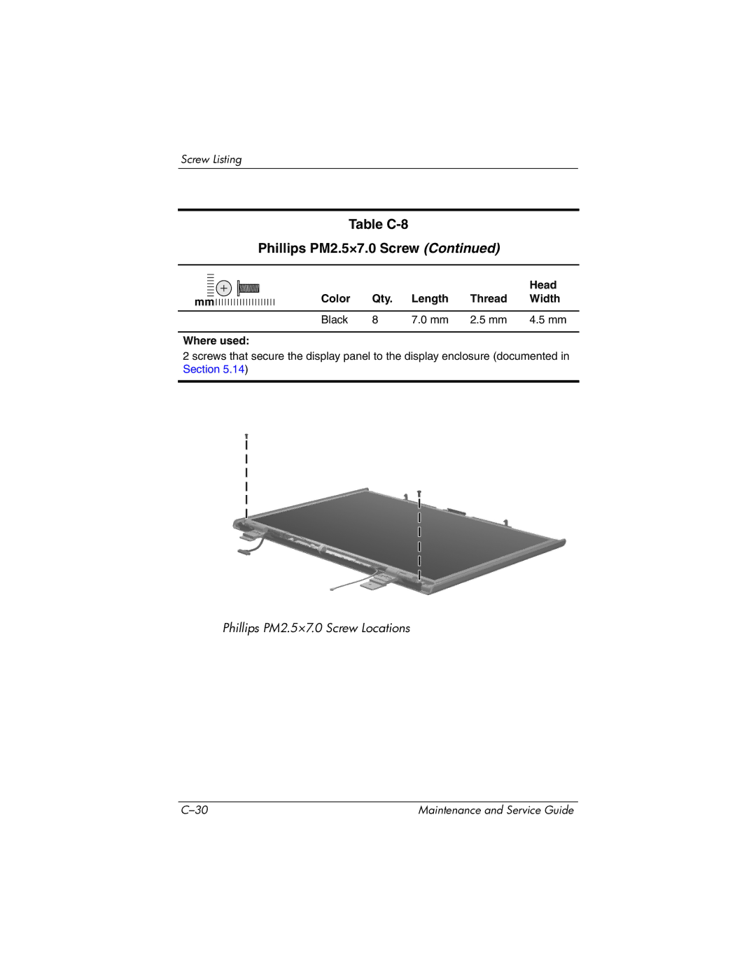 HP DV8300 manual Table C-8 Phillips PM2.5×7.0 Screw 