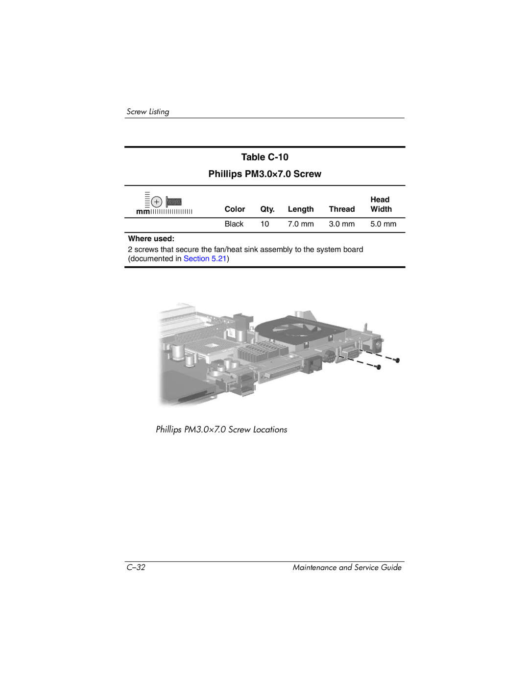 HP DV8300 manual Table C-10 Phillips PM3.0×7.0 Screw 