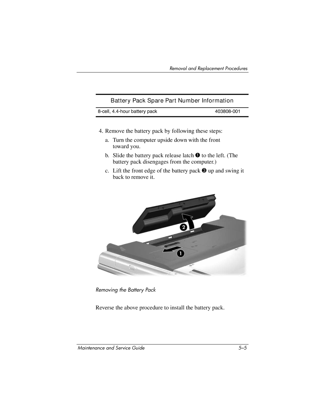 HP DV8300 manual Battery Pack Spare Part Number Information 