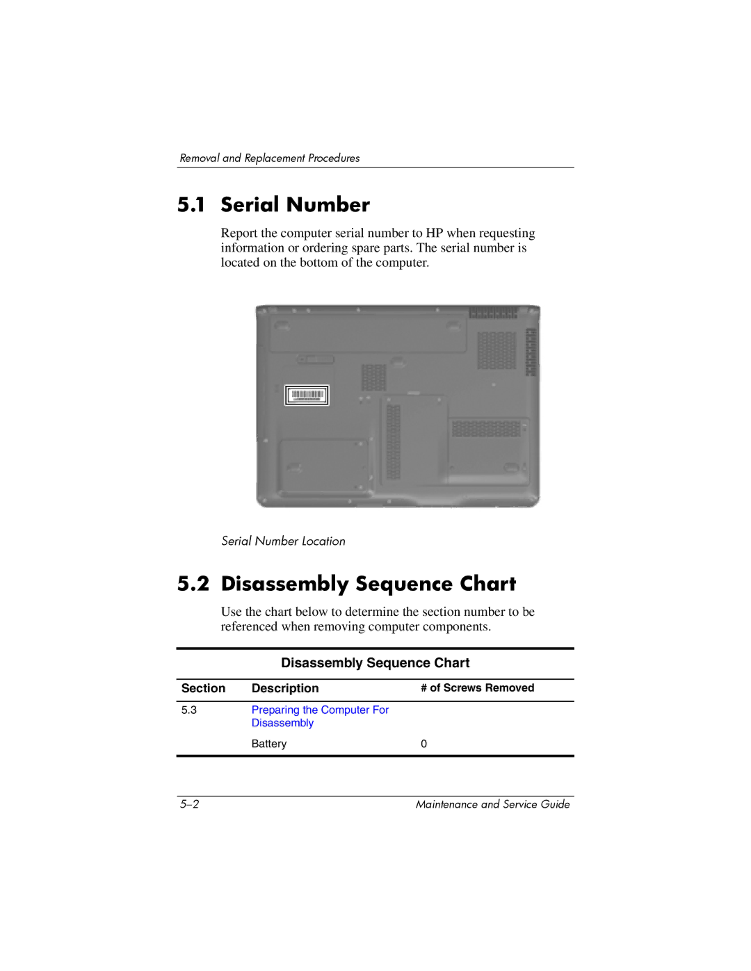 HP dv9000 manual Serial Number, Disassembly Sequence Chart, # of Screws Removed 