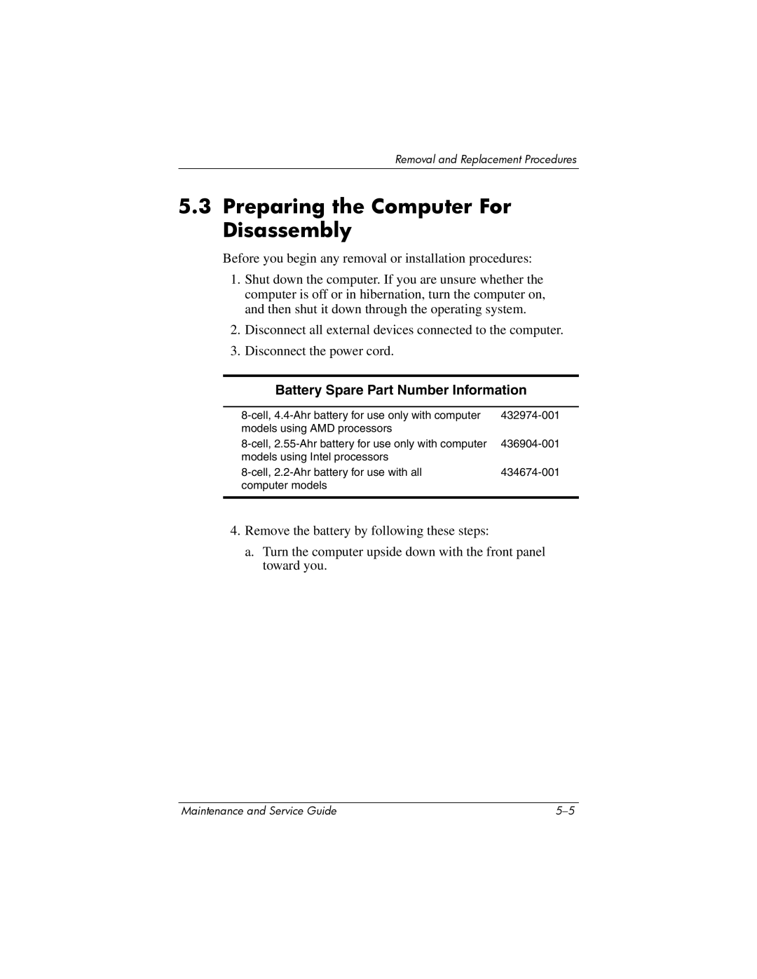 HP dv9000 manual Preparing the Computer For Disassembly, Battery Spare Part Number Information 