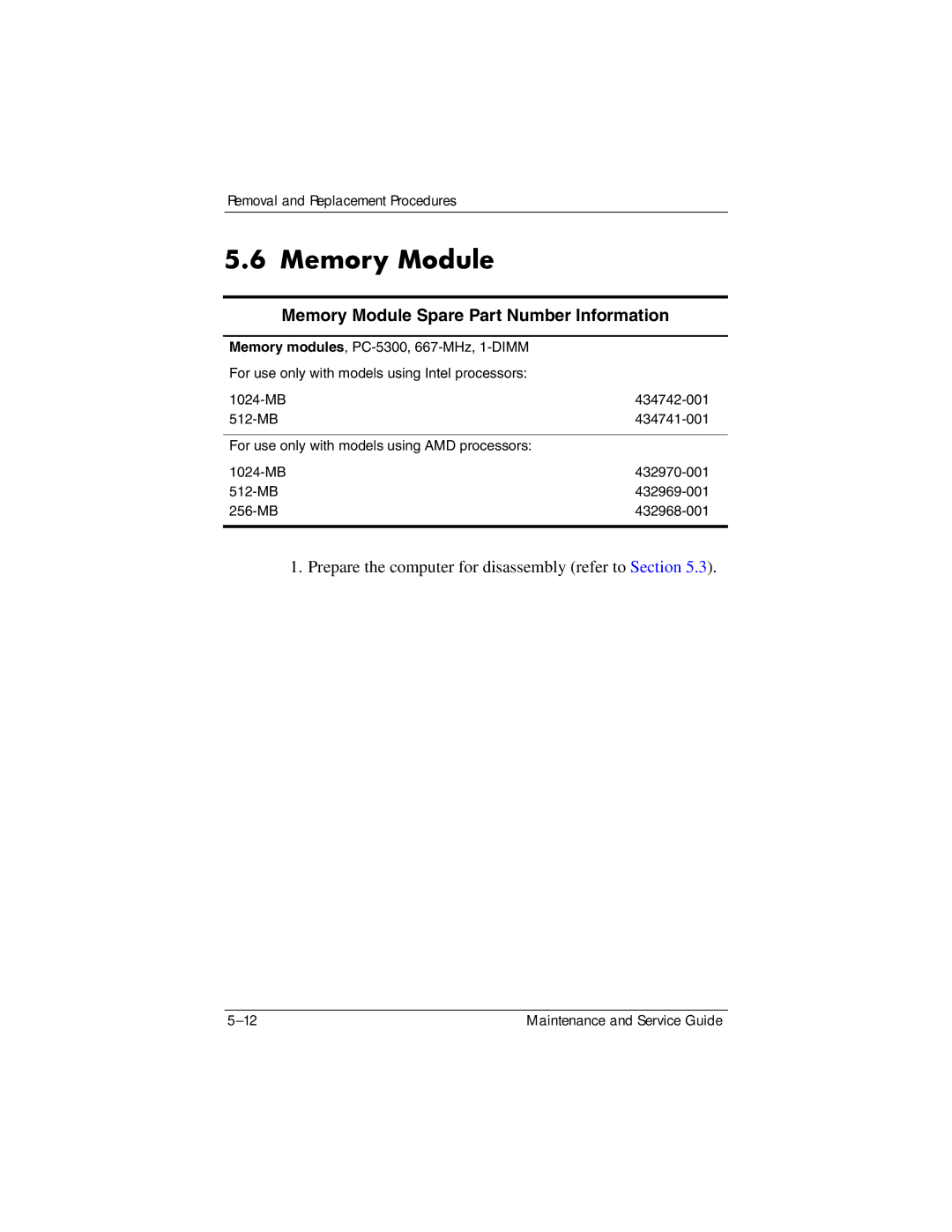 HP dv9000 manual Memory Module Spare Part Number Information 