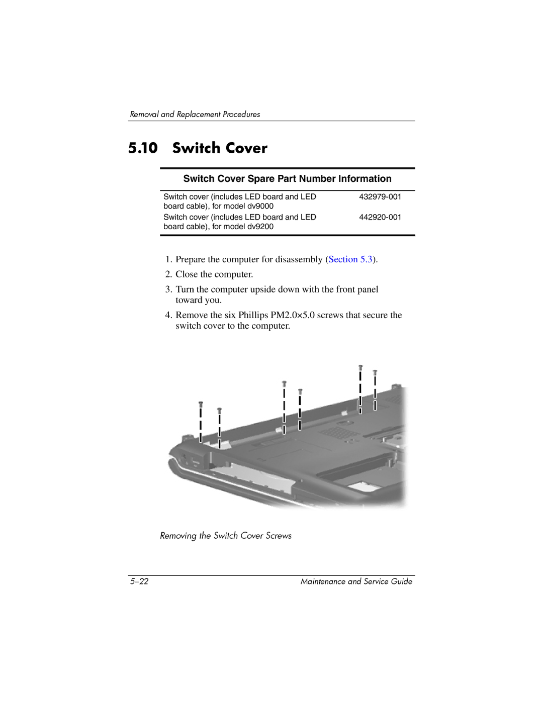 HP dv9000 manual Switch Cover Spare Part Number Information 