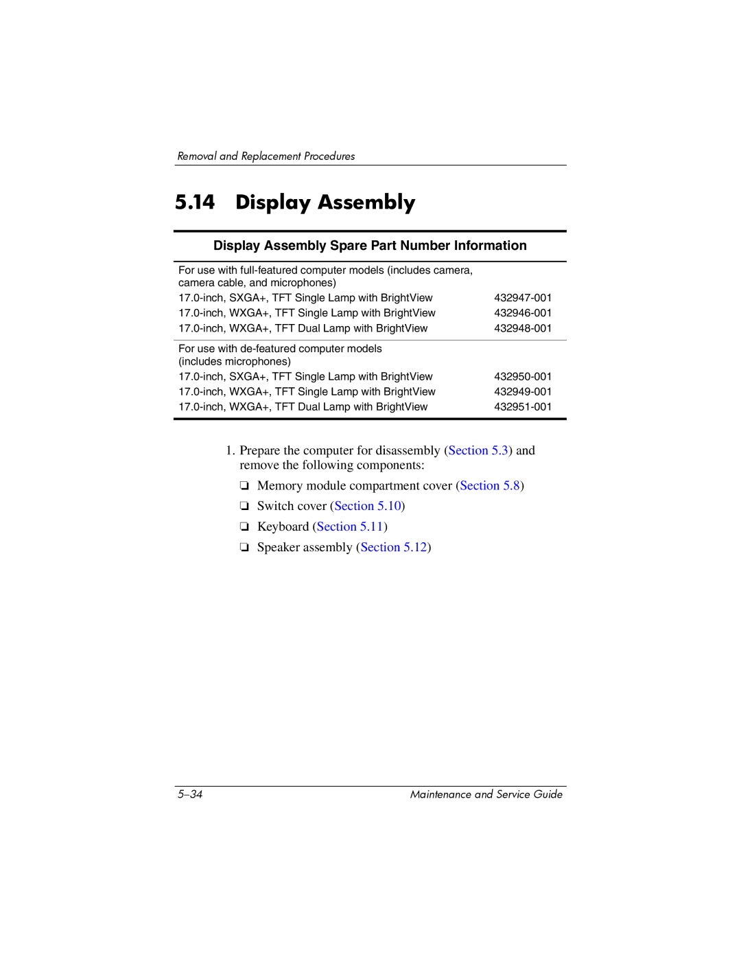 HP dv9000 manual Display Assembly Spare Part Number Information 