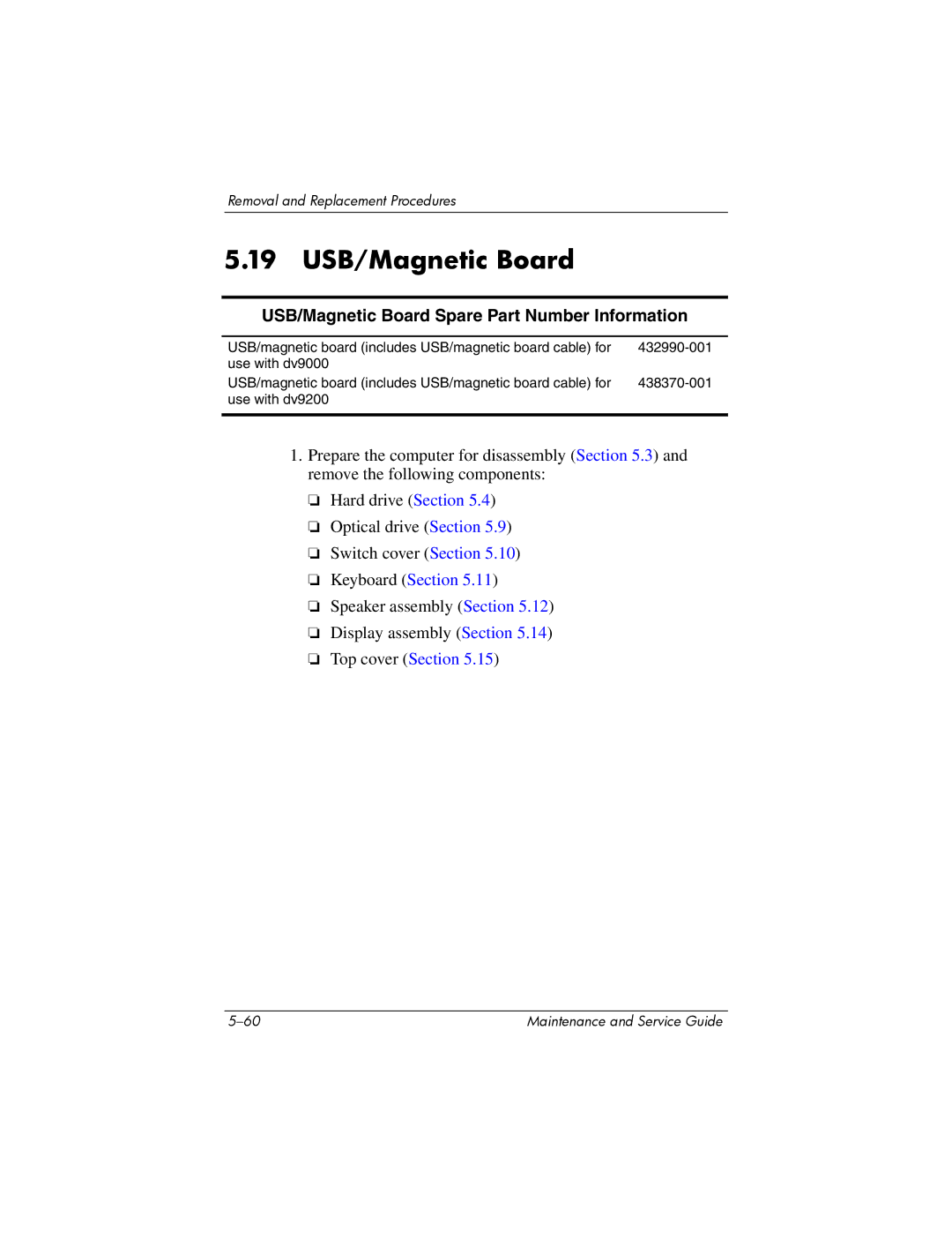 HP dv9000 manual 19 USB/Magnetic Board, USB/Magnetic Board Spare Part Number Information 