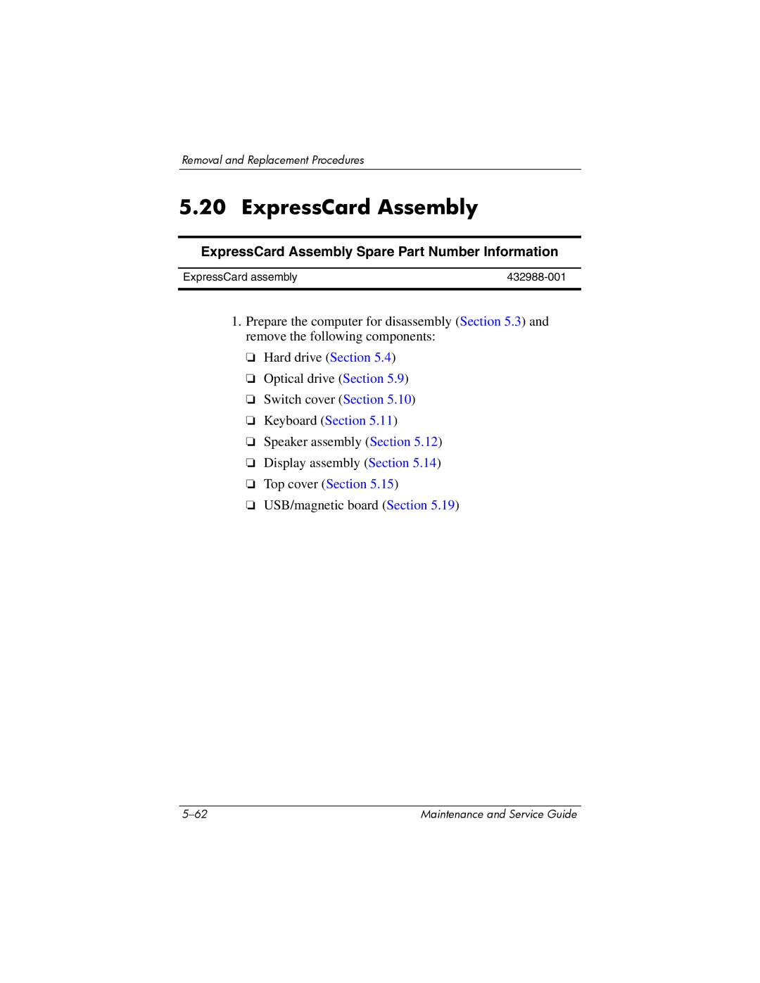 HP dv9000 manual ExpressCard Assembly Spare Part Number Information 