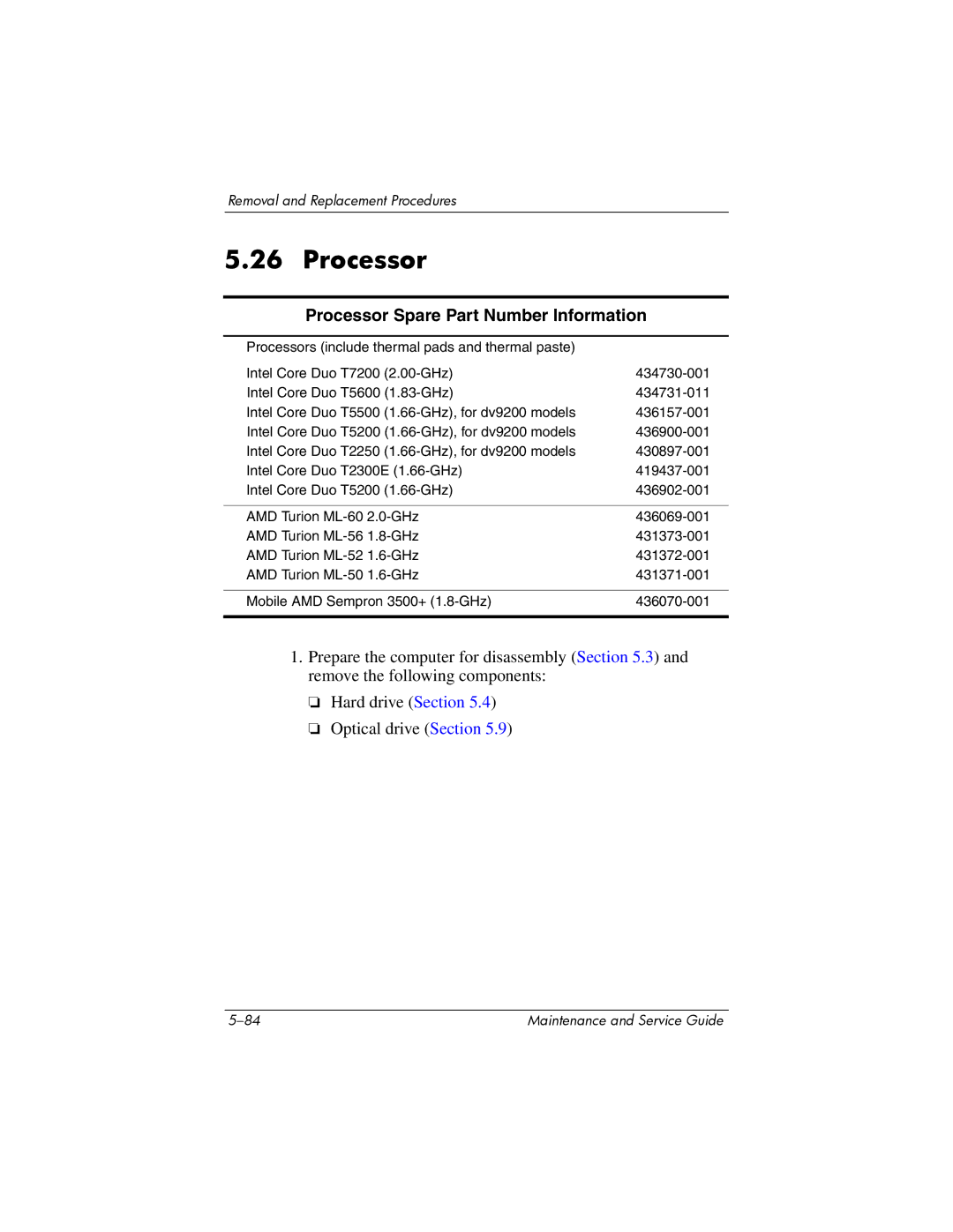 HP dv9000 manual Processor Spare Part Number Information 