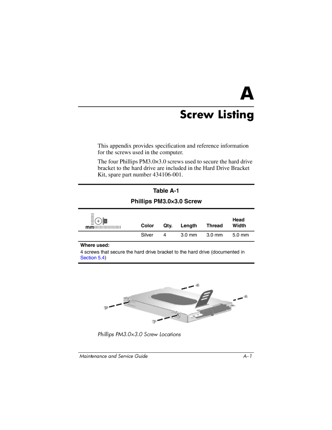 HP dv9000 manual Table A-1 Phillips PM3.0×3.0 Screw, Head, Color Qty Length Thread Width Silver Where used 