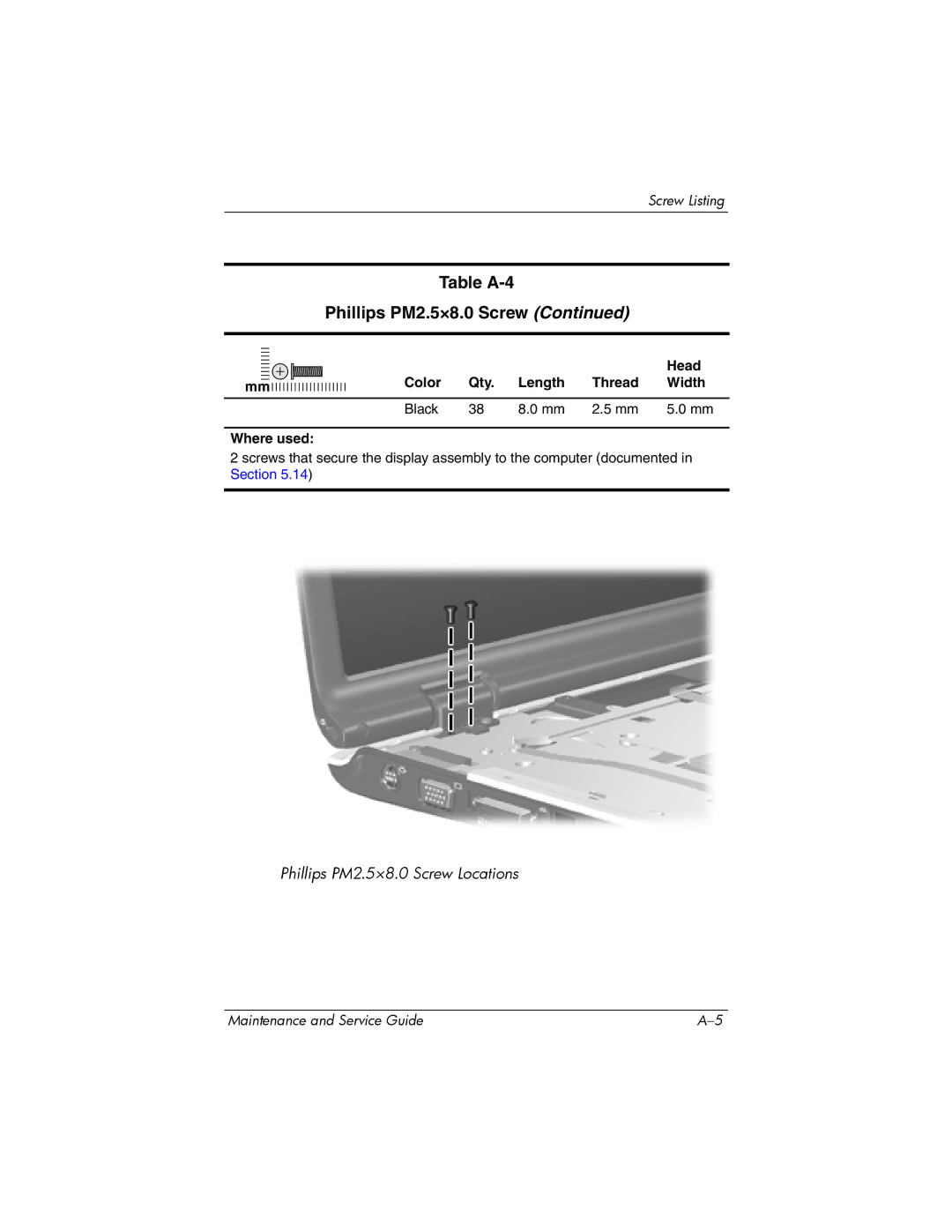 HP dv9000 manual Table A-4 Phillips PM2.5×8.0 Screw 