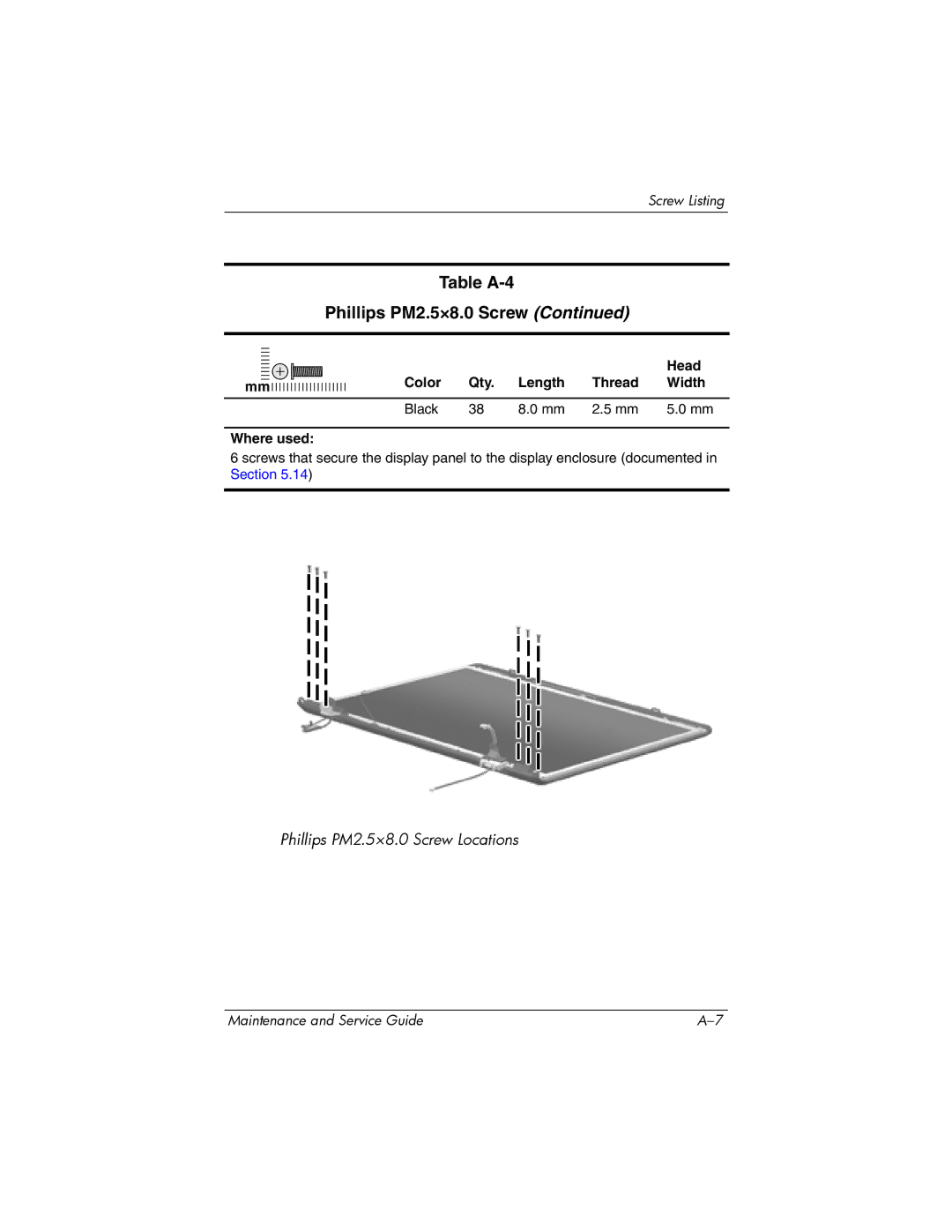 HP dv9000 manual Table A-4 Phillips PM2.5×8.0 Screw 