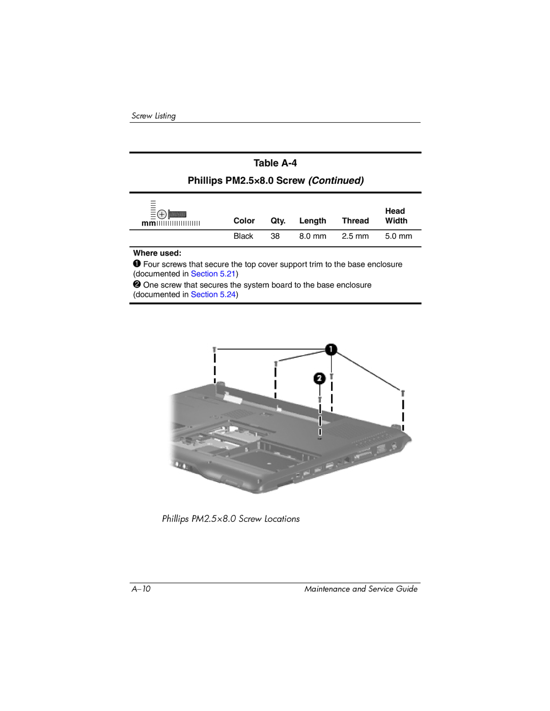 HP dv9000 manual Table A-4 Phillips PM2.5×8.0 Screw 