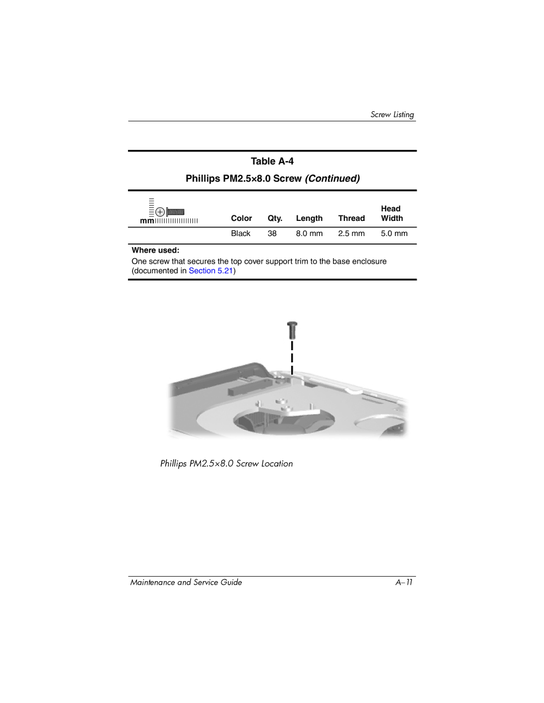 HP dv9000 manual Phillips PM2.5×8.0 Screw Location 