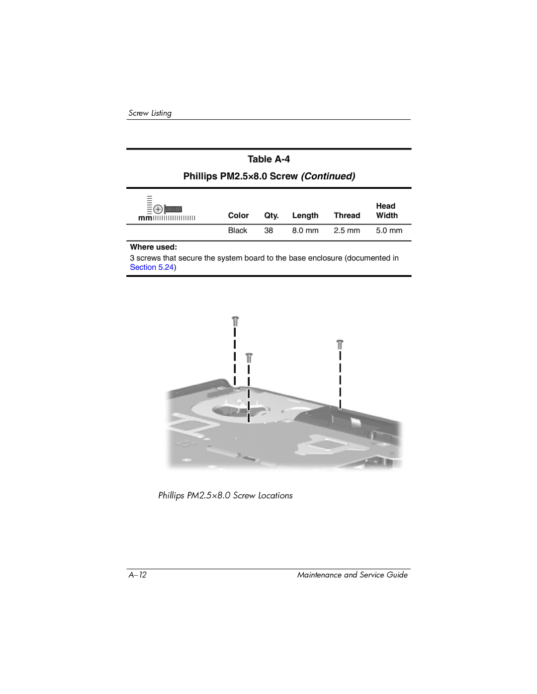 HP dv9000 manual Table A-4 Phillips PM2.5×8.0 Screw 